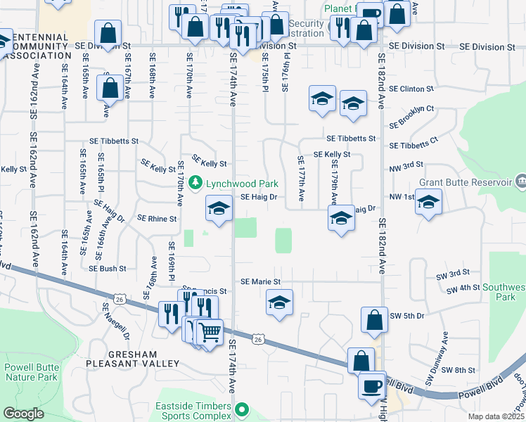 map of restaurants, bars, coffee shops, grocery stores, and more near 17552 Southeast Haig Drive in Portland