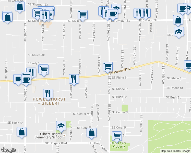 map of restaurants, bars, coffee shops, grocery stores, and more near 13335 Southeast Powell Boulevard in Portland