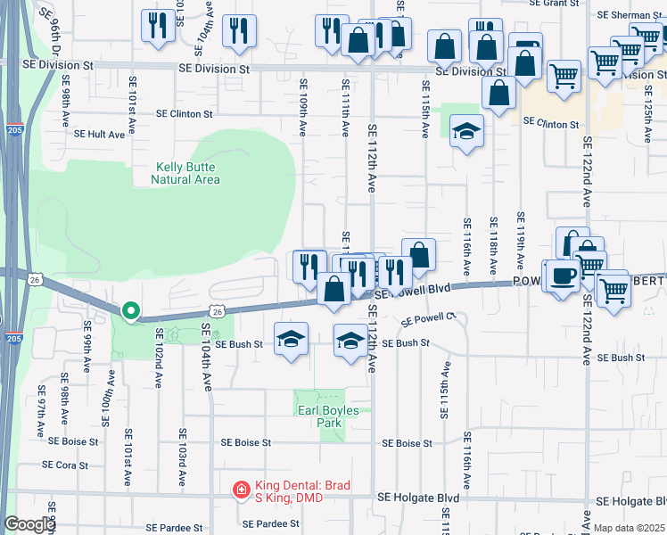 map of restaurants, bars, coffee shops, grocery stores, and more near 3441 Southeast 111th Avenue in Portland