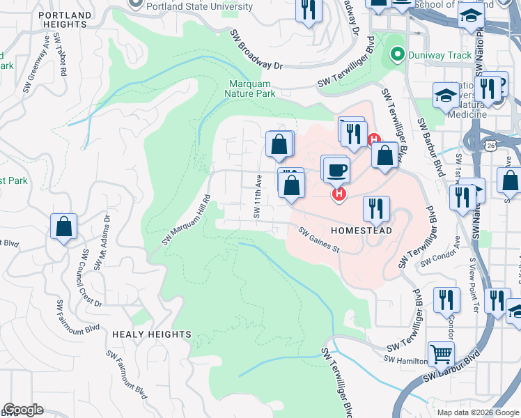 map of restaurants, bars, coffee shops, grocery stores, and more near 3414 Southwest 11th Avenue in Portland