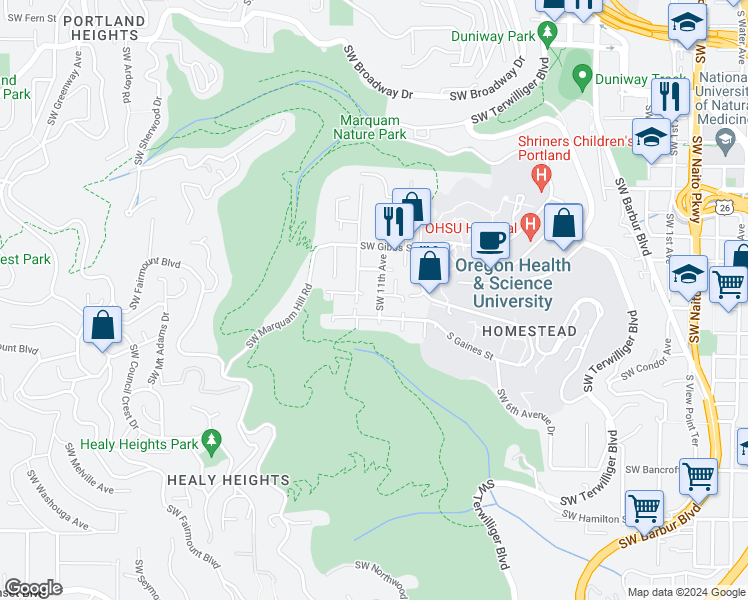 map of restaurants, bars, coffee shops, grocery stores, and more near 3414 Southwest 11th Avenue in Portland