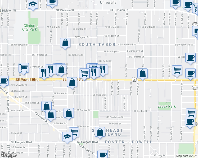 map of restaurants, bars, coffee shops, grocery stores, and more near 6709 SE Powell Blvd in Portland