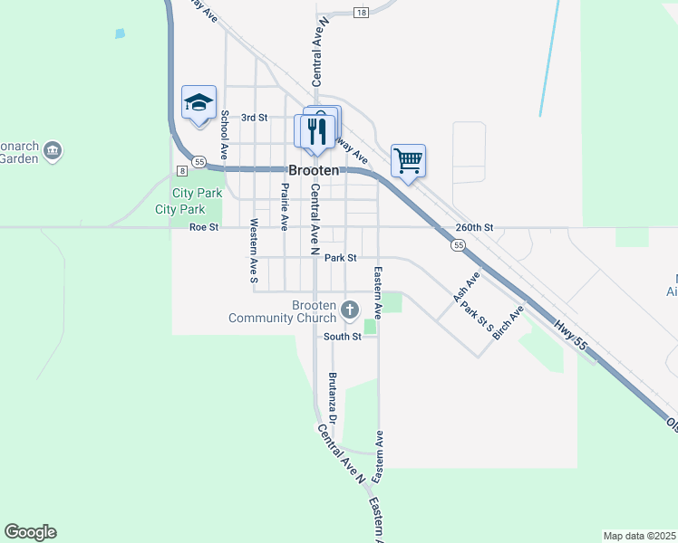 map of restaurants, bars, coffee shops, grocery stores, and more near 340 Central Avenue North in Brooten
