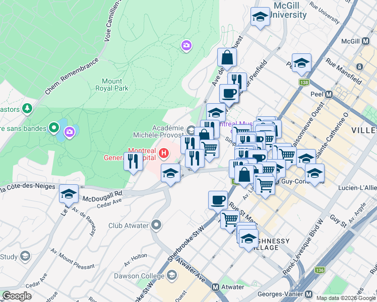 map of restaurants, bars, coffee shops, grocery stores, and more near in Montreal