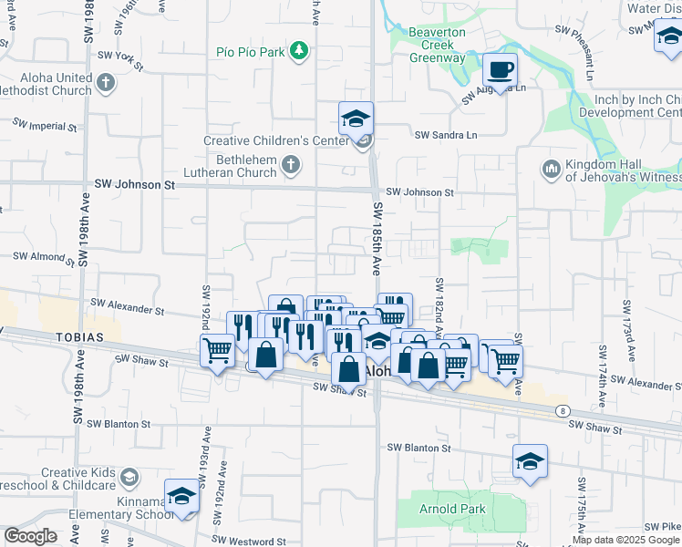 map of restaurants, bars, coffee shops, grocery stores, and more near 18653 Southwest Cascade Drive in Aloha