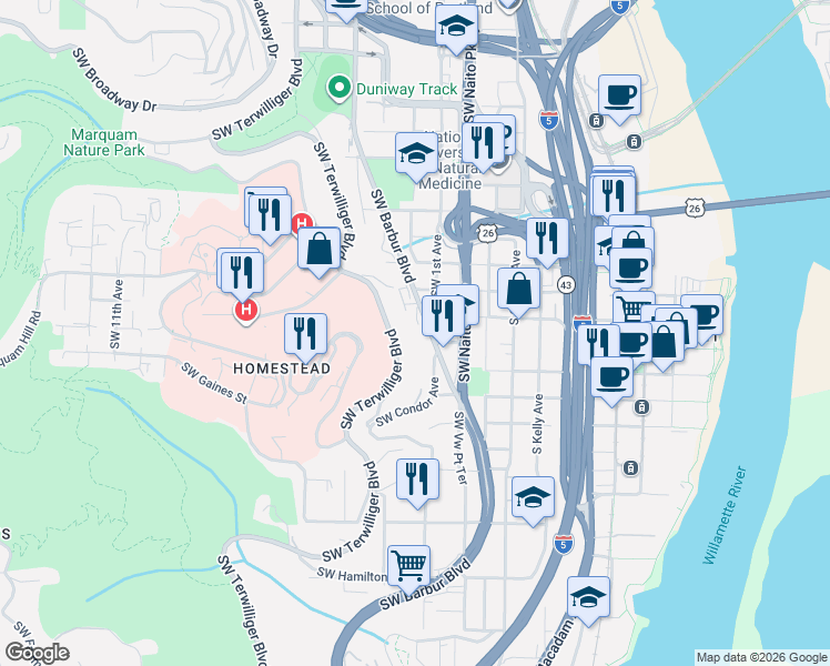 map of restaurants, bars, coffee shops, grocery stores, and more near 3515 Southwest Barbur Boulevard in Portland