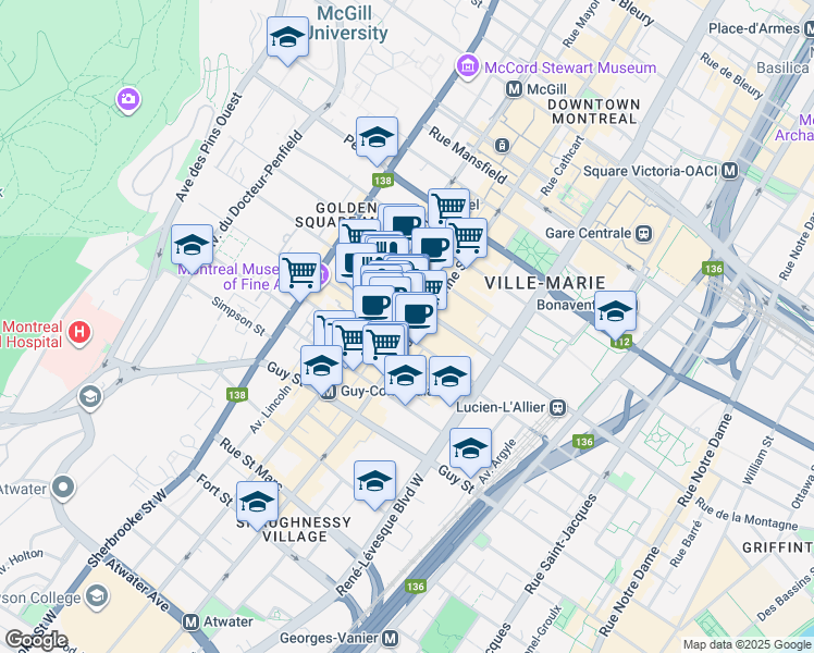 map of restaurants, bars, coffee shops, grocery stores, and more near in Montreal