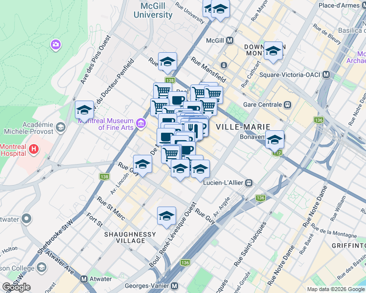 map of restaurants, bars, coffee shops, grocery stores, and more near 1325 Rue Sainte-Catherine Ouest in Montréal