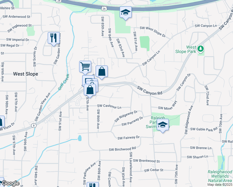 map of restaurants, bars, coffee shops, grocery stores, and more near 3089 Southwest 84th Place in Portland