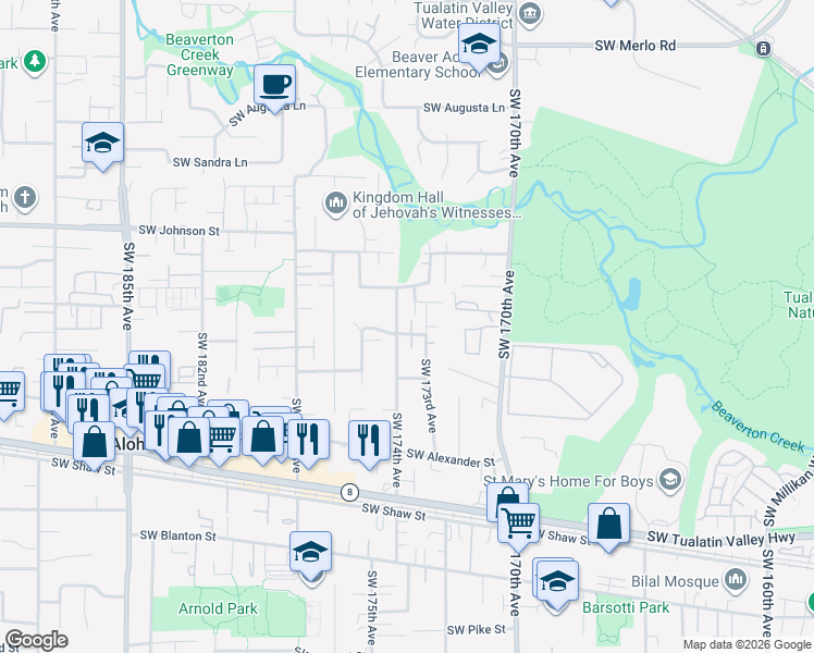 map of restaurants, bars, coffee shops, grocery stores, and more near 3030 Southwest 174th Avenue in Beaverton