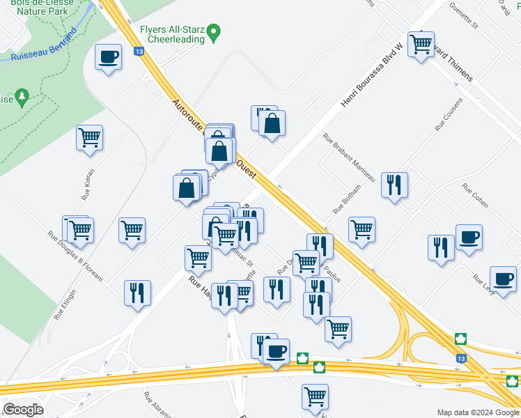 map of restaurants, bars, coffee shops, grocery stores, and more near 9470 Boulevard Henri Bourassa Ouest in Montréal
