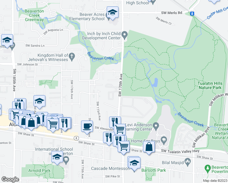 map of restaurants, bars, coffee shops, grocery stores, and more near 17185 Southwest Heritage Court in Beaverton