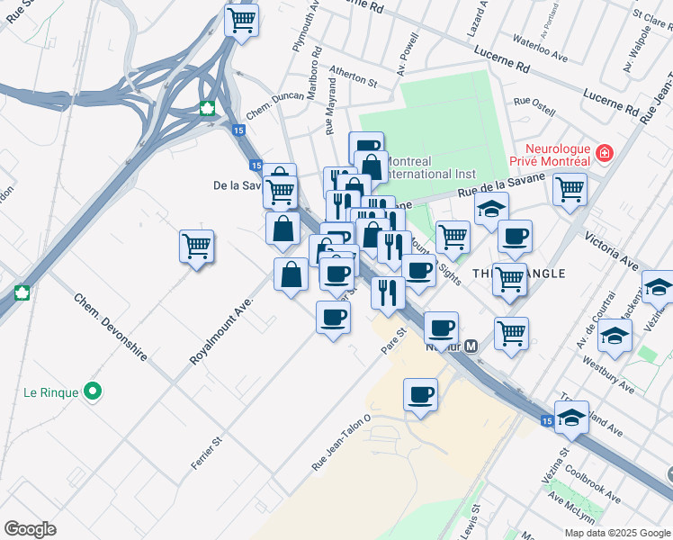 map of restaurants, bars, coffee shops, grocery stores, and more near 8000 Boulevard Décarie in Montréal