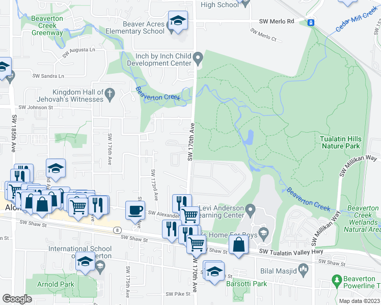map of restaurants, bars, coffee shops, grocery stores, and more near Southwest 170th Avenue & Southwest Heritage Court in Beaverton