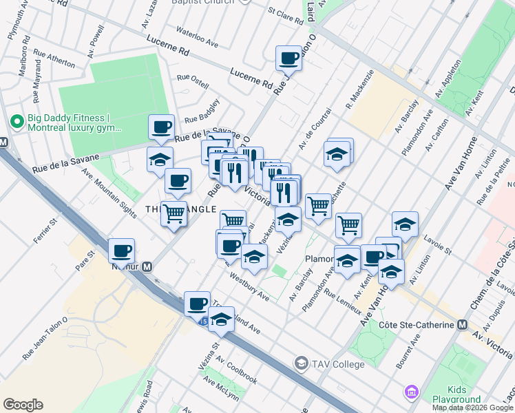 map of restaurants, bars, coffee shops, grocery stores, and more near 7000 Avenue Victoria in Montréal