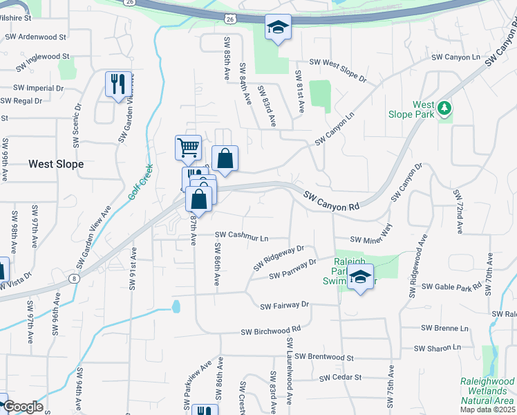 map of restaurants, bars, coffee shops, grocery stores, and more near 3089 Southwest 84th Place in Portland
