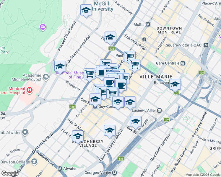 map of restaurants, bars, coffee shops, grocery stores, and more near 1450 Rue Crescent in Montréal