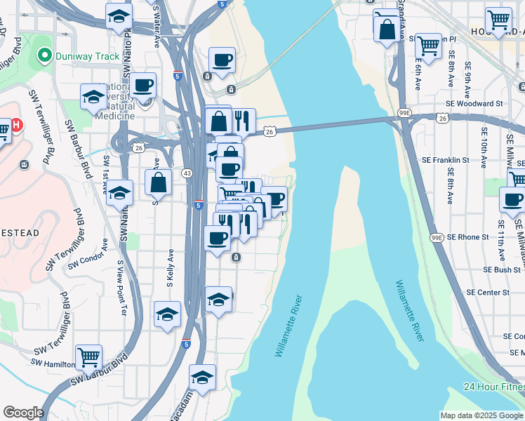 map of restaurants, bars, coffee shops, grocery stores, and more near 3570 South River Parkway in Portland