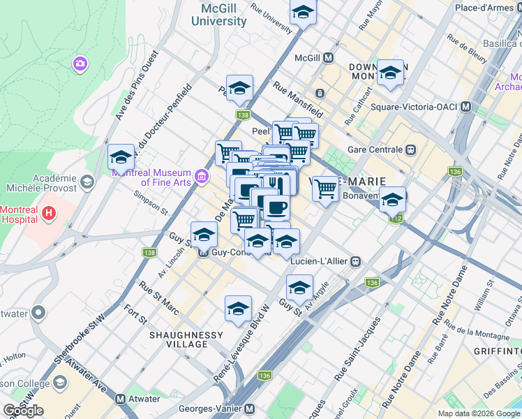 map of restaurants, bars, coffee shops, grocery stores, and more near in Montreal