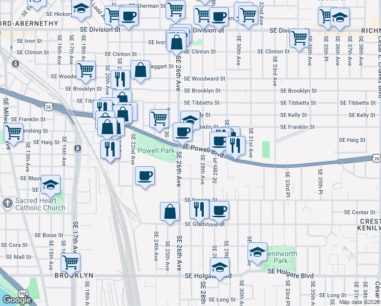 map of restaurants, bars, coffee shops, grocery stores, and more near 2636 Southeast Powell Boulevard in Portland