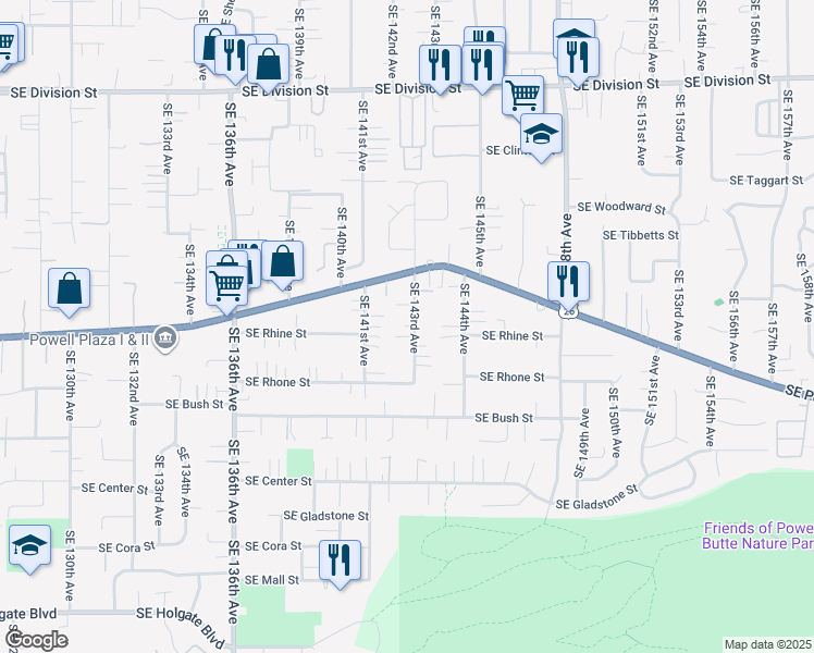 map of restaurants, bars, coffee shops, grocery stores, and more near 3437 Southeast 143rd Avenue in Portland