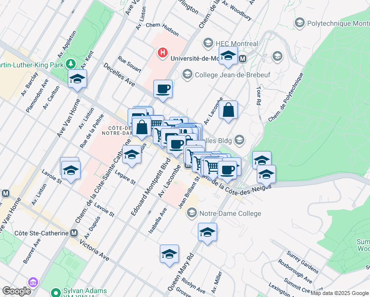 map of restaurants, bars, coffee shops, grocery stores, and more near in Montreal