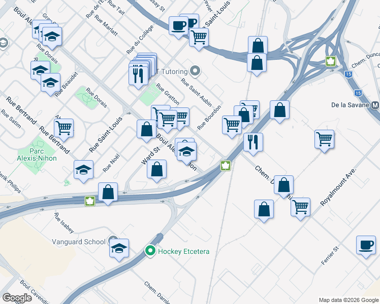 map of restaurants, bars, coffee shops, grocery stores, and more near 111 Boulevard Alexis-Nihon in Montréal