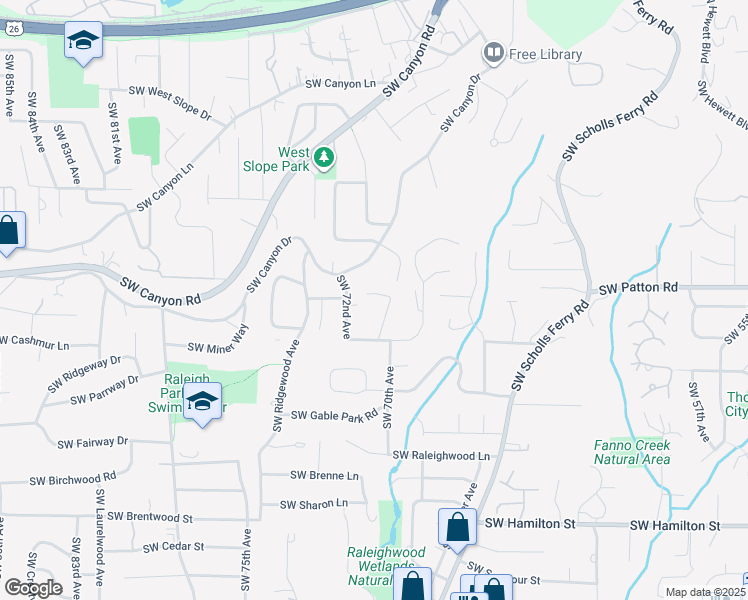 map of restaurants, bars, coffee shops, grocery stores, and more near 3075 Southwest 70th Avenue in Portland