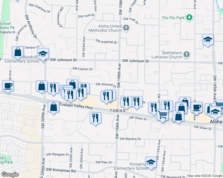 map of restaurants, bars, coffee shops, grocery stores, and more near 3005 Southwest 198th Avenue in Beaverton