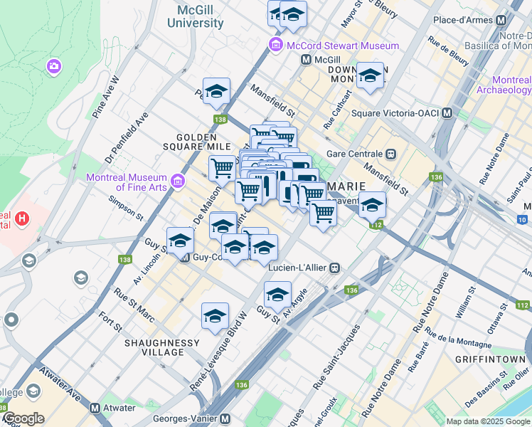 map of restaurants, bars, coffee shops, grocery stores, and more near 1229 Rue de la Montagne in Montréal