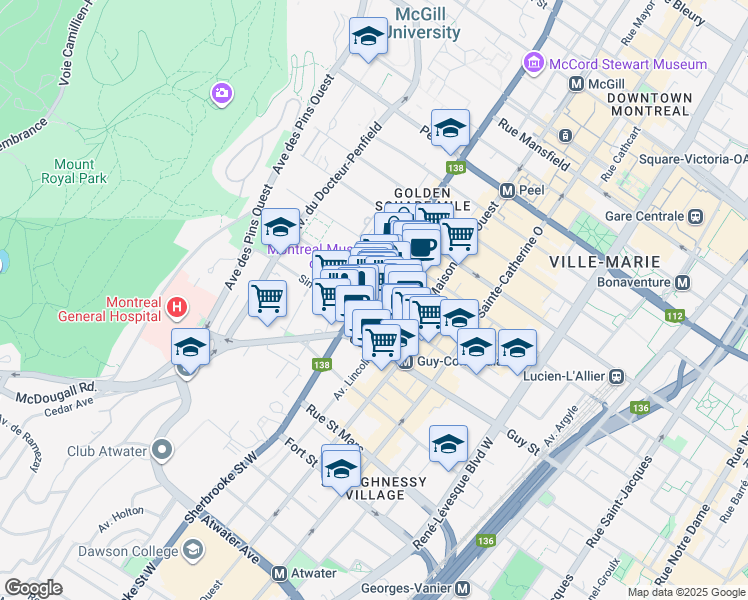 map of restaurants, bars, coffee shops, grocery stores, and more near in Montreal
