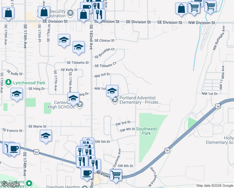 map of restaurants, bars, coffee shops, grocery stores, and more near 105 Northwest Phyllis Court in Gresham