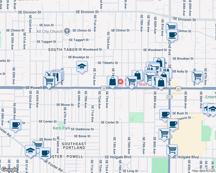 map of restaurants, bars, coffee shops, grocery stores, and more near 3415 Southeast 74th Avenue in Portland