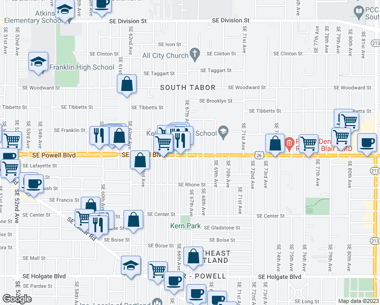 map of restaurants, bars, coffee shops, grocery stores, and more near 6618 Southeast Powell Boulevard in Portland