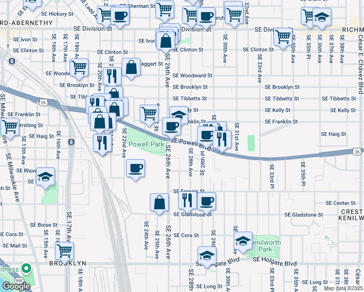 map of restaurants, bars, coffee shops, grocery stores, and more near 2628 U.S. 26 in Portland