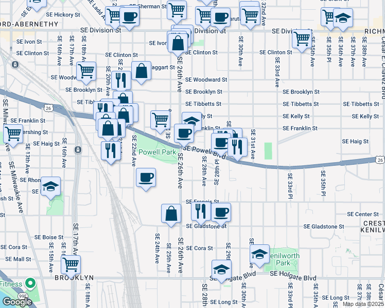 map of restaurants, bars, coffee shops, grocery stores, and more near 2628 U.S. 26 in Portland