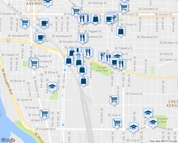 map of restaurants, bars, coffee shops, grocery stores, and more near 3404 Southeast 21st Avenue in Portland