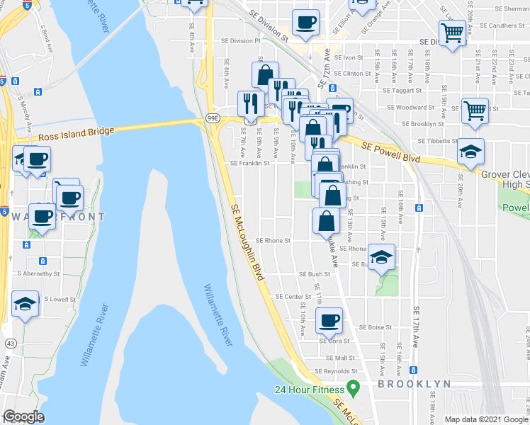 map of restaurants, bars, coffee shops, grocery stores, and more near 3415 Southeast 8th Avenue in Portland