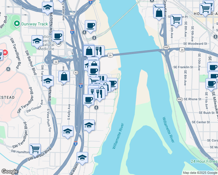 map of restaurants, bars, coffee shops, grocery stores, and more near 3450 South River Parkway in Portland