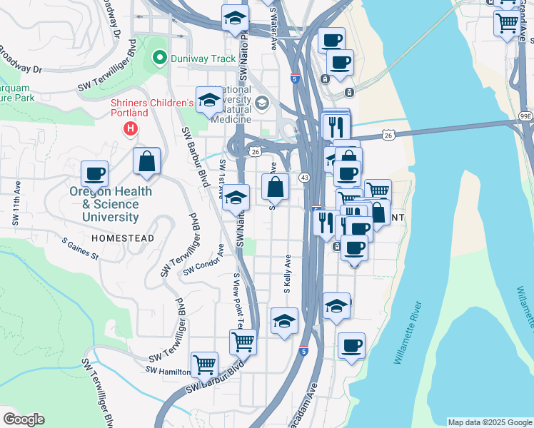 map of restaurants, bars, coffee shops, grocery stores, and more near in Portland