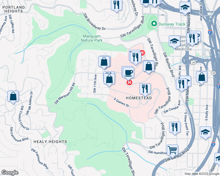 map of restaurants, bars, coffee shops, grocery stores, and more near 3409 Southwest US Veterans Hospital Road in Portland