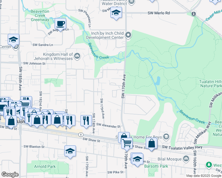 map of restaurants, bars, coffee shops, grocery stores, and more near 2990 Southwest 174th Avenue in Beaverton