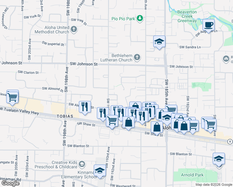 map of restaurants, bars, coffee shops, grocery stores, and more near 3008 Southwest 191st Avenue in Beaverton