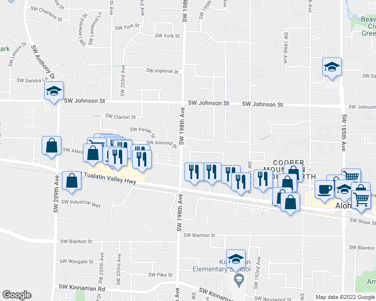 map of restaurants, bars, coffee shops, grocery stores, and more near 19668 Southwest Trelane Street in Aloha