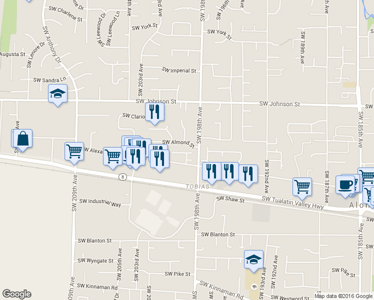 map of restaurants, bars, coffee shops, grocery stores, and more near 3005 Southwest 198th Avenue in Beaverton