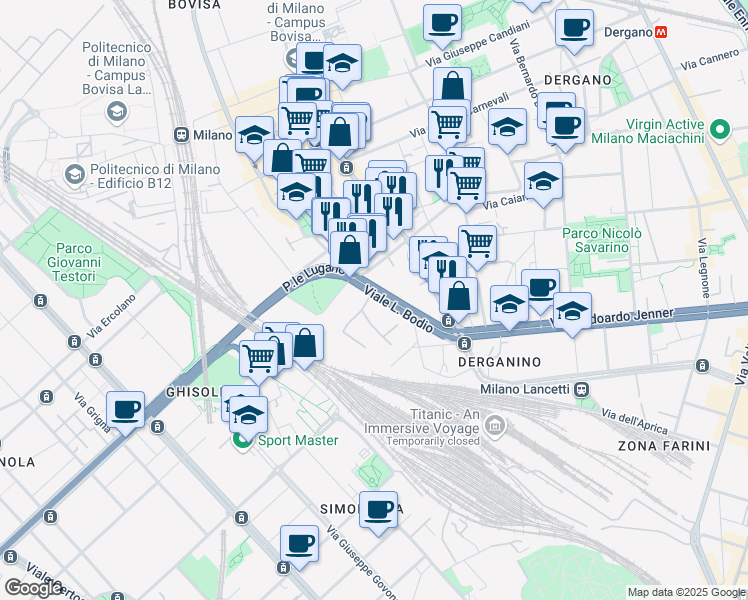 map of restaurants, bars, coffee shops, grocery stores, and more near 37 Viale Luigi Bodio in Milano