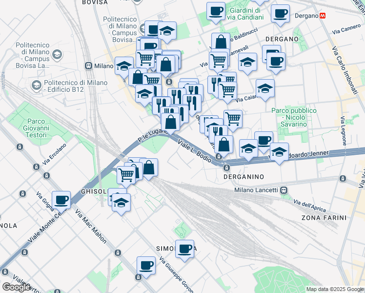 map of restaurants, bars, coffee shops, grocery stores, and more near 37 Viale Luigi Bodio in Milano