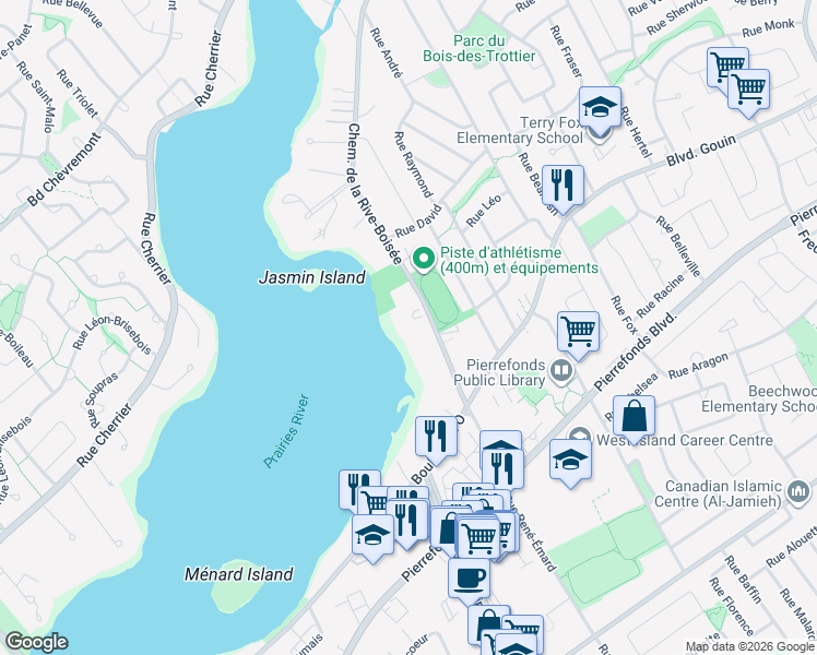 map of restaurants, bars, coffee shops, grocery stores, and more near 350 Chemin de la Rive-Boisée in Montréal
