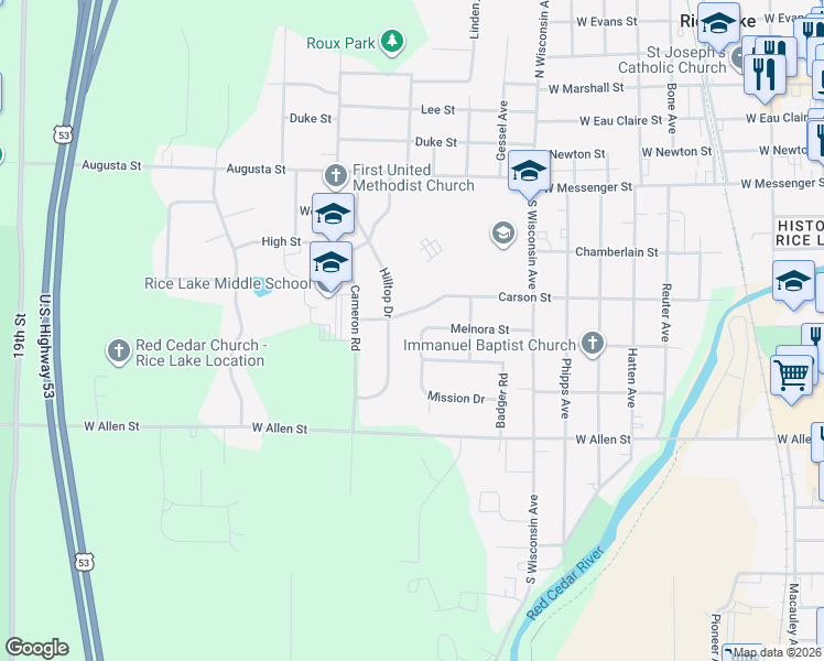 map of restaurants, bars, coffee shops, grocery stores, and more near 303 Hilltop Drive in Rice Lake