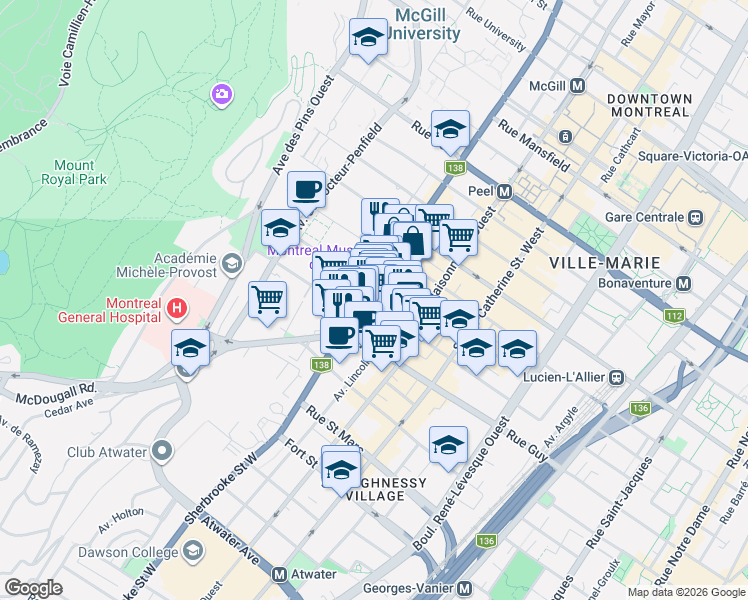 map of restaurants, bars, coffee shops, grocery stores, and more near 1460 Rue Sherbrooke Ouest in Montréal